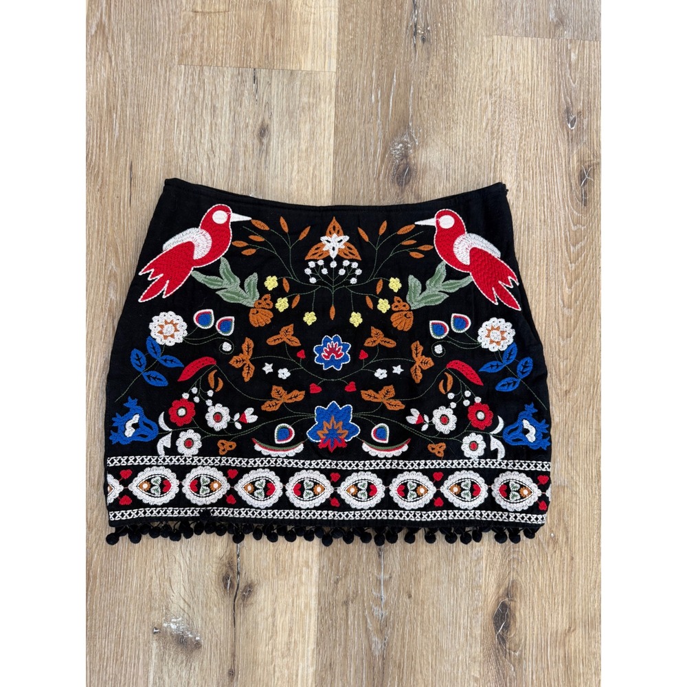 Umgee Mini‎ Skirt Women S Black Embroidered Bird Floral Pom Pom Boho Cottagecore